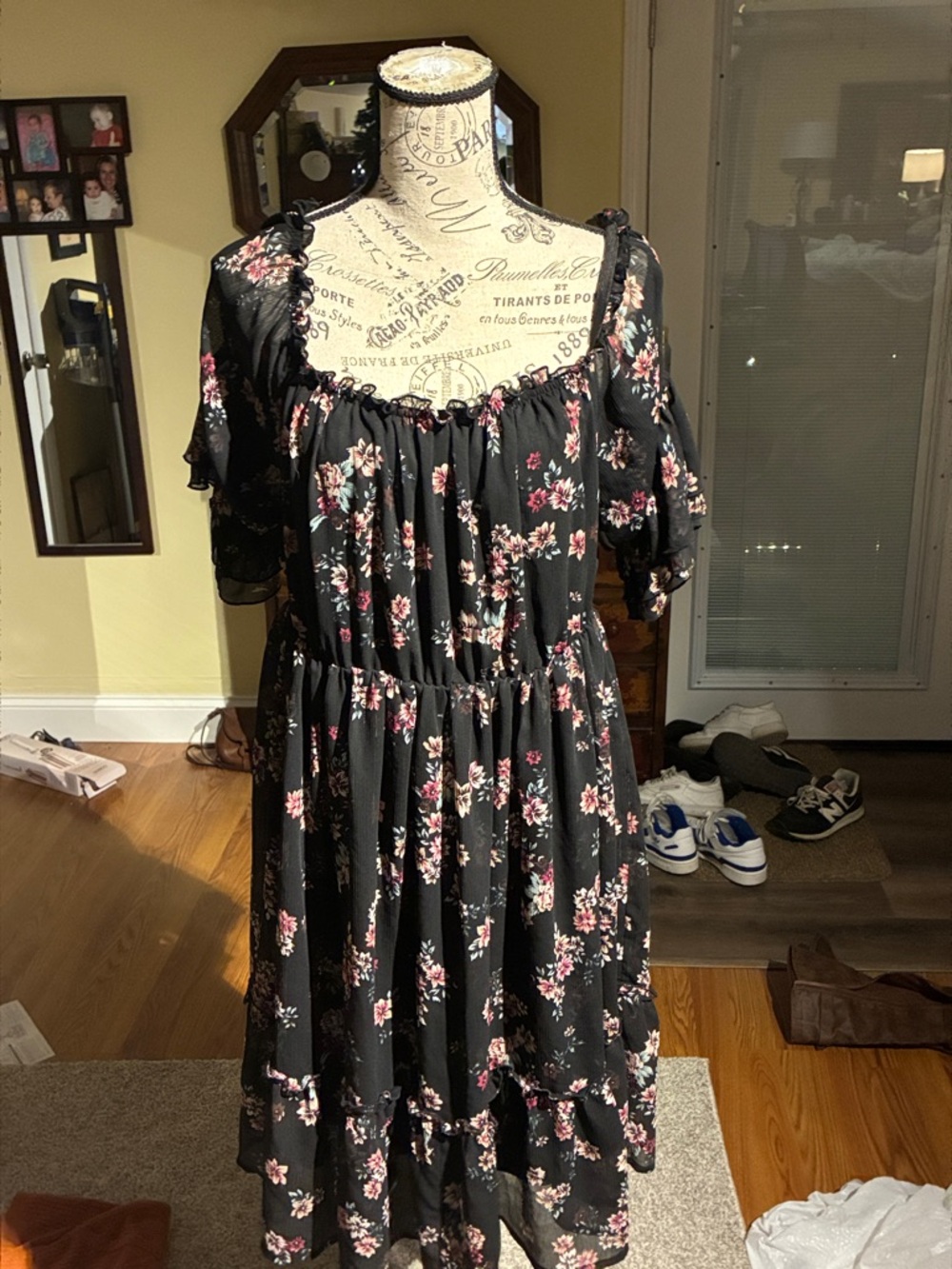 Torrid Black Floral Midi Dress with Pink & Cream Blossoms